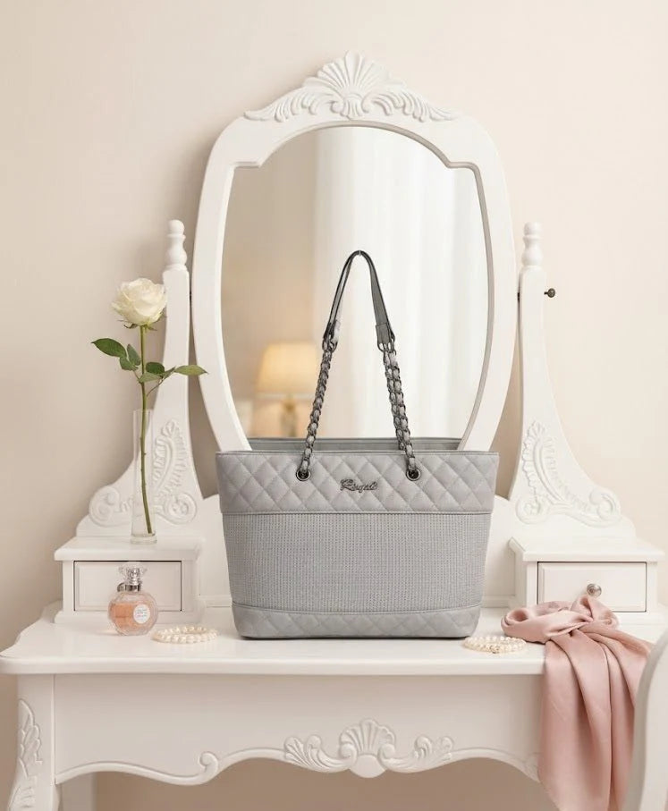 Royal Grey Quilted Tote Bag with Chain Straps